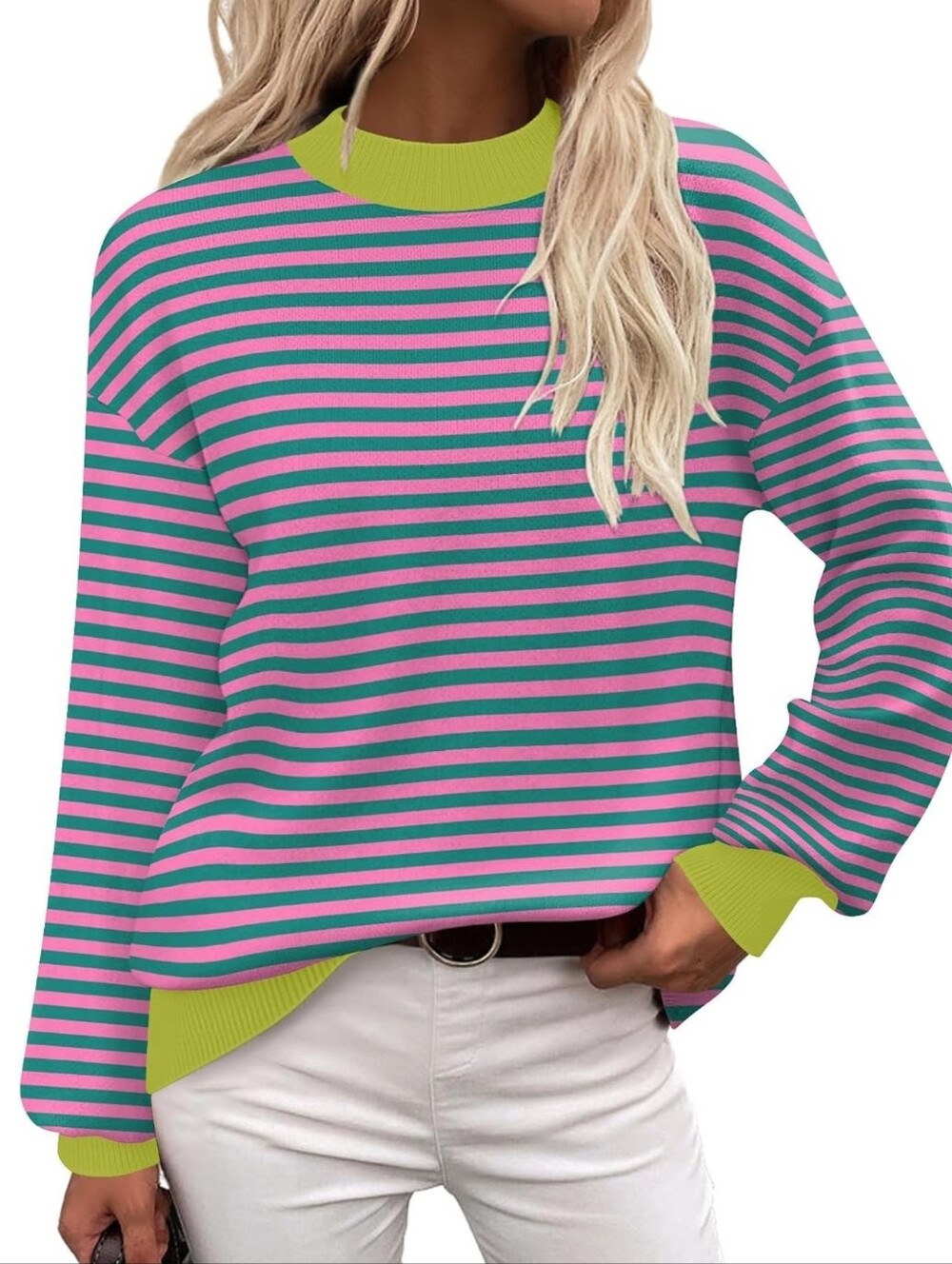 Womens Zeagoo Medium Colorblock Ribbed Crewneck Sweater in Yellow, Teal & Pink - Picture 1 of 9